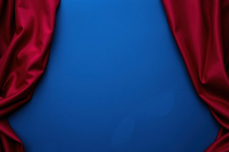 Two luxurious red curtains dramatically framing a deep blue stage backdrop.の素材