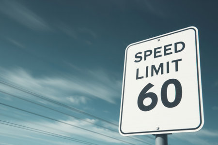 A speed limit sign displaying 60 mph on a highway under a cloudy sky.の素材
