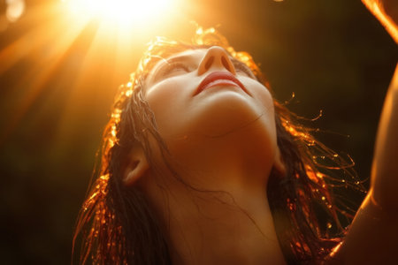 A beautiful woman bathed in radiant golden sunlight, serene expression.の素材