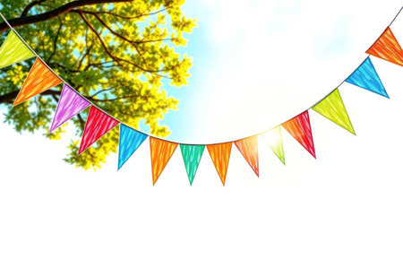 A vibrant string of colorful flags hangs beneath a sunny sky.の素材