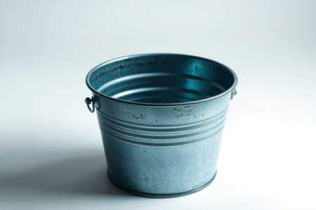 A weathered blue metal bucket sits quietly on a white surface.の素材