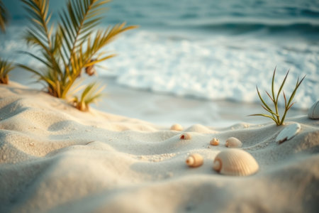 A beautiful, tranquil beach scene with waves, sand and shells.の素材