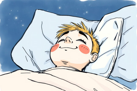 A young boy peacefully sleeping in his bed under the stars.の素材