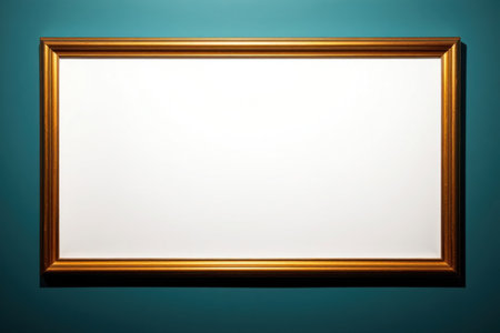 A gold-framed mirror hangs on a teal wall, reflecting light and shadow.の素材