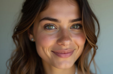 Close-up portrait of a smiling young woman â happiness.の素材