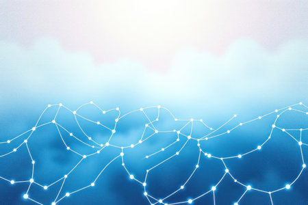 A blurred abstract image depicting interconnected lines and points forming a network across a blue horizon.の素材
