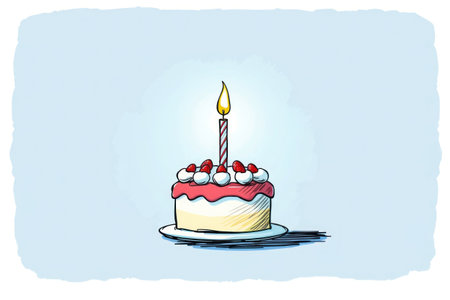 A single birthday cake with lit candle and frosting.の素材