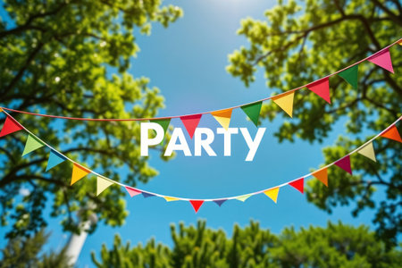 A vibrant outdoor party scene with colorful bunting hanging beneath a blue sky.の素材