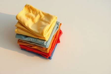A vibrant stack of colorful t-shirts neatly arranged on a white surface.の素材