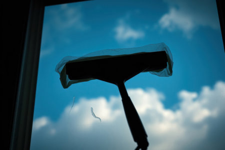 A window reflecting a bright blue sky filled with fluffy white clouds.の素材