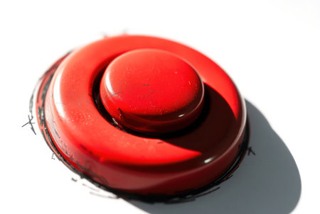 Dynamic close-up of a red button in motion â immediate action.の素材