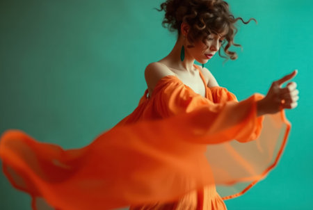 A beautiful woman in a flowing orange dress dances gracefully against a teal background.の素材