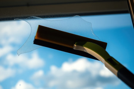 A window squeegee cleaning a glass surface against a blue sky.の素材
