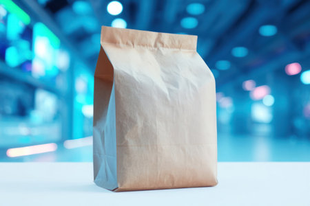 A brown paper bag sits on a white surface in a blurred urban background.の素材