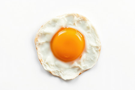 A single fried egg with a runny yolk on white background.の素材