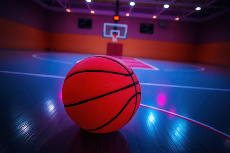 A vibrant red basketball resting on a brightly lit indoor court.の素材