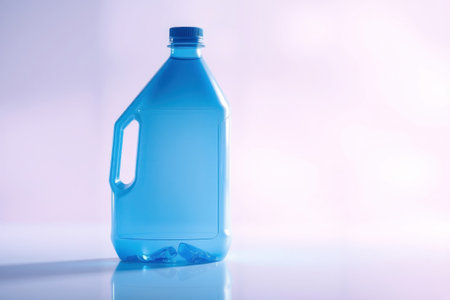 A single blue plastic bottle sits on a white surface.の素材