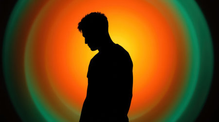 A silhouetted figure stands alone, lost in thought, surrounded by vibrant, glowing circles conveying feelings of isolationの素材