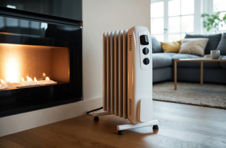 A detailed view of a modern electric heater's coils and design, glowing warmly in a home setting.の素材