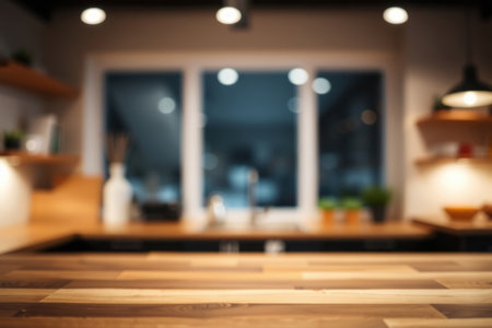Blurred kitchen interior with a wooden table and window view.の素材