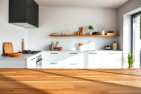 A bright and airy modern kitchen interior design photograph.の素材