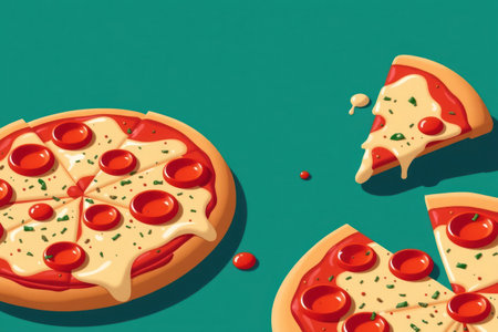 Cheesy pizza illustration. Hot delicious, food art, appetizing.の素材