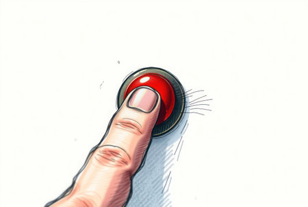 Dynamic close-up of a red button in motion â immediate action.の素材