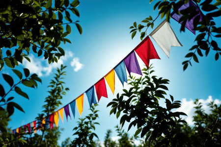 A vibrant bunting banner strung between tree branches against a bright blue sky.の素材