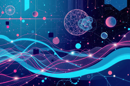Complex digital network visualization representing interconnected data streams and futuristic technology concepts.の素材