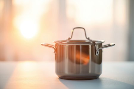 stainless steel cooking pot on table in kitchen with sunlight backgroundの素材