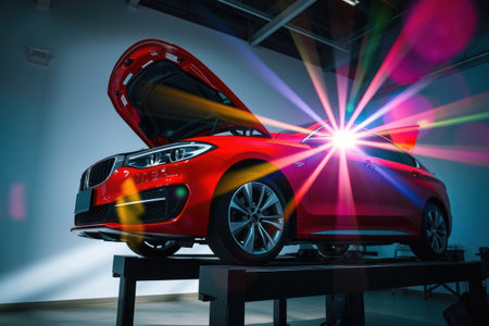 Close-up of a red car in a showroom with light raysの素材