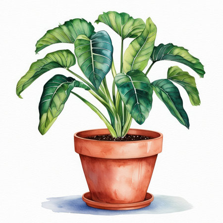 Illustration of a tropical plant in a pot on a white backgroundの素材
