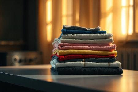 Stack of clean clothes on table in room, closeup. Dry cleaning serviceの素材