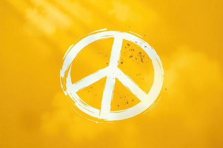 Peace symbol in grunge style. Peace symbol on yellow background.の素材
