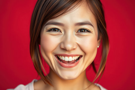 Portrait of a beautiful smiling Asian woman over red background.の素材