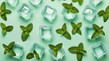 Mint leaves in ice cubes on mint background. Flat lay, top view.の素材