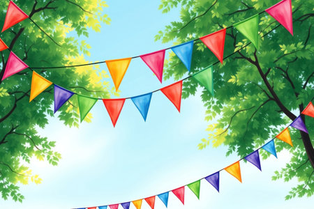 Colorful bunting flags on green trees background. Vector illustration.の素材