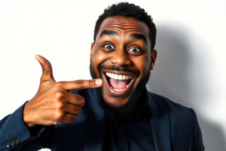 Young african american man pointing at something on white background.の素材