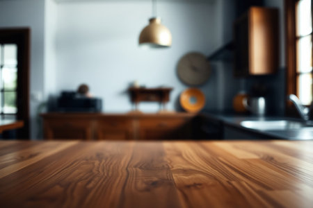 Empty wooden table and blurred kitchen interior background, product display montageの素材