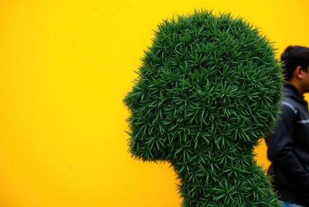 Man made of grass in the shape of a human head on yellow backgroundの素材
