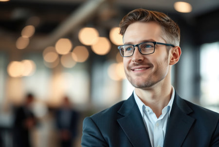 Portrait of handsome businessman in eyeglasses looking at camera in officeの素材