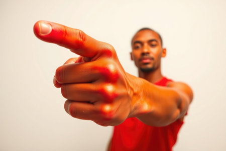 A young black man intensely pointing with a red hand, blurred background.の素材