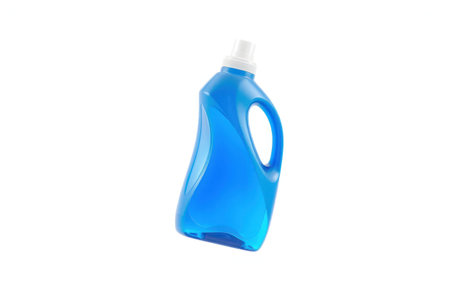 A vibrant blue plastic laundry detergent bottle sits on a white background.の素材