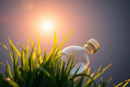 Glass light bulb on grass with sunlight background. Green energy concept.の素材
