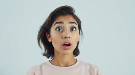 Shocked woman looking at camera isolated on gray background. Shocked girl with open mouth.の素材