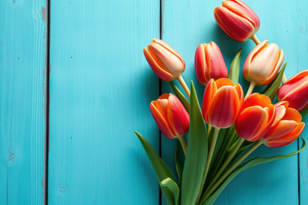 Bouquet of red and orange tulips on turquoise wooden backgroundの素材