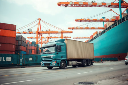 A large truck travels along a road near a busy port with containers and cranes, showcasing global tradeの素材