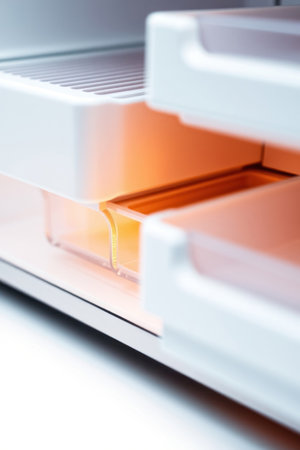 Close-up shot of a modern refrigerator drawer showcasing internal cooling.の素材
