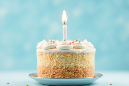 A single birthday cake with a lit candle sits on a plate.の素材