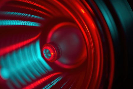 Close-up image of a glowing circular element with vibrant red and blue light reflections.の素材